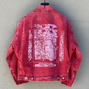 Veste en jean rose délavé à l'acide veste en jean imprimée à fermeture éclair vintage pour hommes avec logo personnalisé - Product Image 3