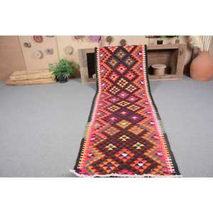 Tapis Kilim Turc Vintage 2.9x12.4 pieds Rouge Orange Laine Latex Support Patchwork Motif pour Chambre Style Tabriz 10mm Épaisseur - Product Image 5