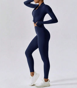 Vente en gros de veste à fermeture éclair sans couture pour femmes, ensemble haut et pantalon, vêtements de sport confortables pour le yoga et la course à pied à haute élasticité - Product Image 3