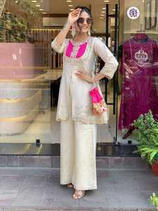 Vêtements occasionnels attrayants en soie romaine avec séquence de codage brodée Kurti et pantalon Achats en ligne au tarif de gros - Product Image 4