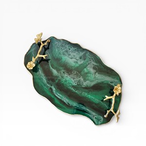 Organic Shape Emerald Green <b>Resin</b> Decorative Tray with Gold Branch Handles and <b>Sculptural</b> Edge Design - Product Image 1