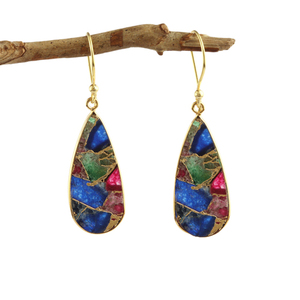 Sertissage de lunette turquoise en cuivre fait main boucles d'oreilles pendantes en laiton plaqué or forme fantaisie bijoux en pierres précieuses compressées pour femmes - Product Image 1