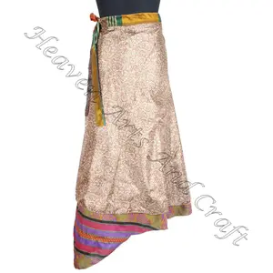 インドの手作りのホットセールプリントヴィンテージラップスカート女性用2層リバーシブルマジックシルクサリーラップロングスカートシルクサリー