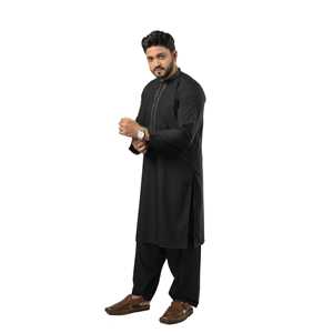 Kurta Nadeem CLk-18, Kameez Shalwar para Hombre, Color Negro Sólido, Formal, para Bodas y Fiestas, Manga Larga, Lavable, Corte Personalizado - Product Image 2