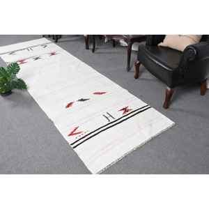 Alfombra Turca, Alfombra Vintage de 3.1x10 pies, Alfombra de Lana Ikat Blanca - Product Image 1