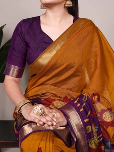 Designer Polyester Viscose Chanderi Avec Floral Imprimé Et Zari Tissage Travail Saree Femme Mode À Pas Cher Rtae - Product Image 5