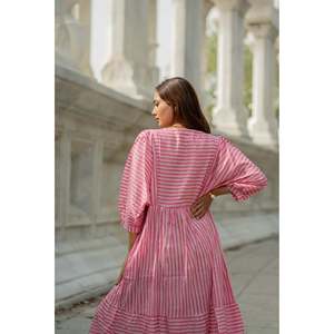 Cotton Midi <b>Dress</b> <b>with</b> Stripe Hand Block Print Boho Artisan Style Oversized Long Sleeves Loose Fit <b>Pockets</b> ODM 5XL Bridesmaid - Product Image 4