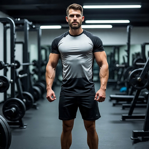 เสื้อยืดแขนสั้นสำหรับออกกำลังกายเพาะกายเสื้อยืดฟิตเนสคอกลมของผู้ชายเสื้อออกกำลังกายกล้ามเนื้อโพลีเอสเตอร์100% สำหรับผู้ชาย - Product Image 3