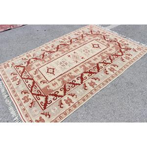 Tapis turc vintage 5x7,7 pieds, tapis en laine rouge et blanc style sud-ouest - Product Image 2