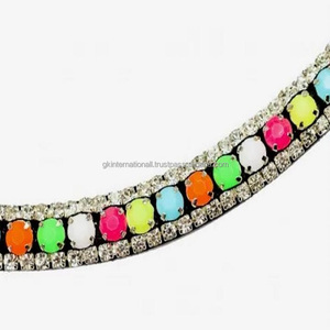 Fabriqué en Inde forme incurvée en cuir anglais noir bande de front de cheval personnalisé avec 3 rangées de cristaux colorés strass Bling - Product Image 2