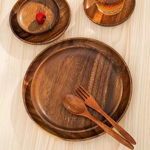 Postre hecho a mano, platos de madera negra sólida, platos de cargador de cena redondos de madera de acacia, artesanías de media luna - Product Image 2