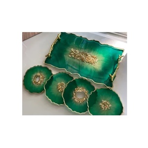 <b>Black</b> Resin With Gold Texture Design Epoxy Resin Tray With <b>Coasters</b> Set High Quality Resin Serving Tray for Home Hotel - Product Image 3
