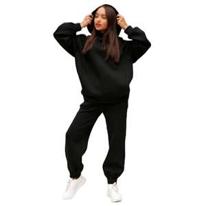 Survêtement surdimensionné noir élégant pour femmes, ensemble de salon décontracté, sweat-shirt respirant, jogging, streetwear grande taille pour l'hiver - Product Image 2