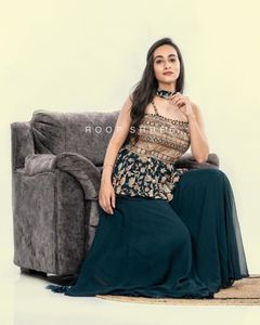Kurta กางเกงผ้าโปร่งพิมพ์ลายสำหรับผู้หญิง,ผ้าโปร่งแขนพิเศษงานเย็บปักอย่างหนา - Product Image 2