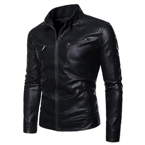Veste en cuir d'hiver pour hommes col montant couleur unie veste à fermeture éclair serrée haute qualité mode de rue manteaux décontractés vêtements pour hommes - Product Image 3
