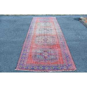 Vintage Rug, 4.3x11.1 ft <b>Runner</b> Rug, <b>Red</b> Floral Wool Turkish Rug - Product Image 1