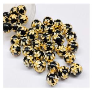 Cuentas de cristal de bola de loto negro de 11mm con tapa floral dorada, cuentas espaciadoras redondas para hacer joyas, collares, pulseras y artesanías - Product Image 1