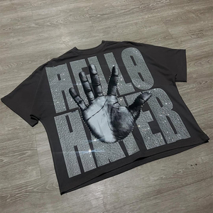 High Quality Oversize Boxy <b>Cropped</b> T Shirt For <b>Men</b> Hip Hop Style Graphic Tee With Distressed Hem Rhinestone Transfer Streetwear - Product Image 2