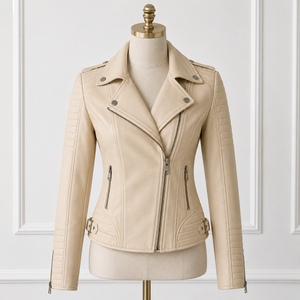 Veste de motard en cuir PU beige pour femme, manches longues, fermeture éclair, col rabattu, style automne, prix de gros - Product Image 3