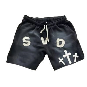 Meilleure qualité hommes Streetwear sueur court soleil délavé coton français éponge appliques détresse broderie Vintage lavage à l'acide court - Product Image 1