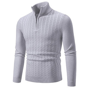 Jersey de cuello alto con media cremallera y punto de cable para hombre, suéter cálido de corte ajustado Premium, suéter con cuello levantado y cremallera para hombre - Product Image 4