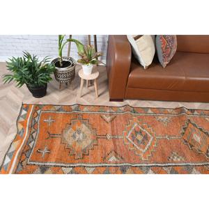 Alfombra Turca Vintage de 2.5x11.5 pies, Alfombra de Pasillo en Degradado Naranja y Gris, de Lana con Parches, Respaldo de Látex, Ecológica y Tradicional - Product Image 2