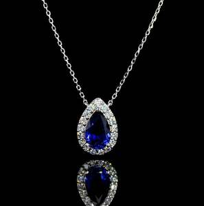 Blue Diamond Pear <b>Necklace</b> Gold Plated Sterling <b>Silver</b> with Lab Created Diamond Halo Custom Charms - Product Image 2
