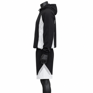 Men's <b>Black</b> White Color Block Hooded Tracksuit Lightweight Breathable Sporty Full Sleeve Zipper Jogging Suit Shorts Set - Product Image 4