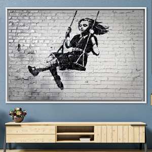 Lienzo impreso elegante: Póster de arte callejero de Banksy Girl on Swing, 1P: con marco blanco - Product Image 1