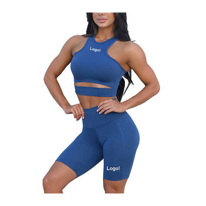 Conjunto de Yoga sin costuras de algodón comprimido para mujer, sujetador y pantalones cortos de 2 piezas, ropa deportiva para gimnasio con logotipo personalizado, entrega rápida - Product Image 4