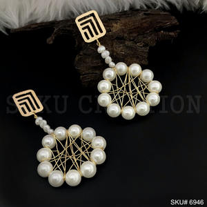 <b>Gold</b> Plated Unique Design Drop and <b>Dangle</b> Pearl Statement <b>Earrings</b> Fashion SKU6946 - Product Image 2