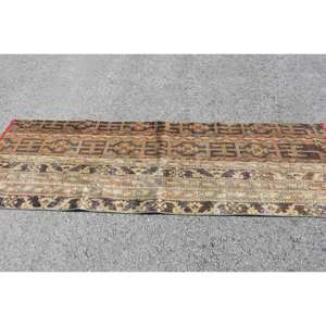 Vintage <b>Brown</b> Beige <b>Wool</b> Rug 2.7 X 7.8ft Classic Turkish Style Handmade Patchwork Design for Bedside Latex Backed - Product Image 3