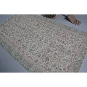 Alfombra de lana turca Vintage clásica Beige verde 4ft9in X 8ft8in diseño Aubusson grande Patchwork para sala de estar con respaldo de látex - Product Image 4