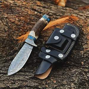 Cuchillo de Caza de Acero de Damasco 2024, Más Vendido, Alta Calidad, al por Mayor, Mango de Asta de Ciervo Hecho a Mano, Funda de Cuero Fino, Estilo Vikingo, OEM - Product Image 6