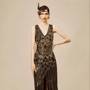 Vestido de noche de gasa antiestático con cuello en V hasta el suelo para fiestas informales en clubes nocturnos - Product Image 1