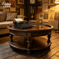 Mesa de Centro Redonda de Madera Maciza Tradicional, Mesa de Centro Clásica de 2 Niveles con Bandeja Superior y Patas Talladas, Muebles Vintage para Sala de Estar
