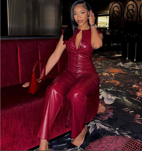 Mono de cuero de PU Vintage Halloween de cintura alta con hombros descubiertos de Color sólido sexy para mujeres europeas y americanas - Product Image 6