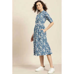 Vestido Midi de Algodón Estampado Azul para Mujer, con Cinturón, Estilo Casual Elegante, Cuello Mandarín, Cintura Imperio, Tallas XS-XL, para Uso Diario y de Oficina - Product Image 2