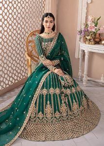 INDIAN/PAKISTANI BRIDAL BOTTLE <b>GREEN</b> COLOR BLOUSE & LEHENGA DRESS Embellished WITH CRYSTAL GLASS BEADS,STONE,DABKA Work @ 2023 - Product Image 2