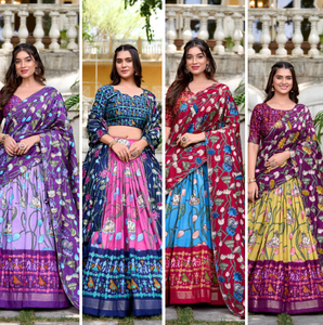 Lehenga en soie Tussar nouvellement conçu avec bordure de tissage Zari imprimée Patola pour un mariage festif et une fête Choli assorti - Product Image 6