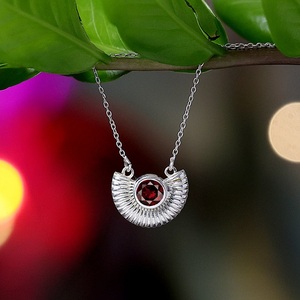 925 Sterling Silver Half Moon Natural Red Garnet Necklace Fan Shape Circular Sunburst VIntage Design Fine Jewelry Manufacturer - Product Image 3
