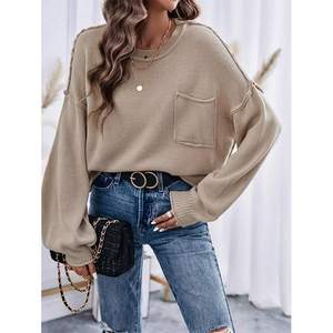 Tricoté goutte épaule femmes sweat coton pull décontracté O cou écologique respirant hauts hiver Streetwear - Product Image 4