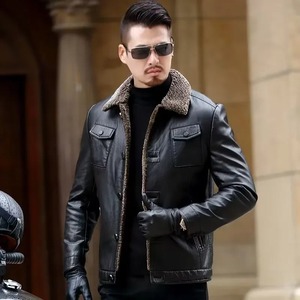 Men's Casual Winter Coat Lapels Solid Color Fleece-Lined Leather Jacket Large Size Thicken Canvas Outwear Fashionable Stylish - Product Image 4