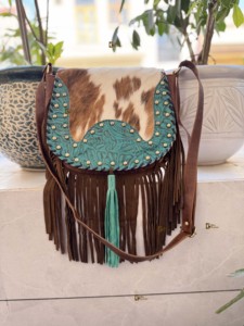 Estilo occidental cuero de vaca flecos tallado turquesa color borde bolso Sling Bag bohemio flecos bolso de mujer - Product Image 4