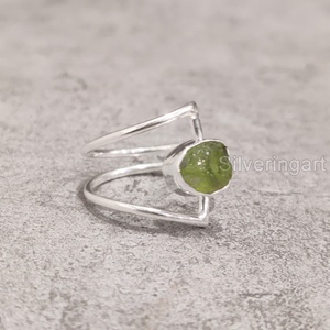 Bijoux en pierre brute bague pour femme péridot brut naturel pierre précieuse août pierre de naissance anniversaire Double bande bague en argent Sterling 925 - Product Image 4