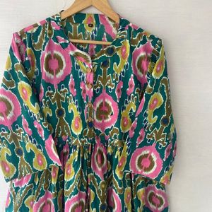 ชุดผ้าฝ้ายทำด้วยมือใหม่ Ikat พิมพ์ลายวงกลมสไตล์ฤดูร้อนลำลองรอบเอวธรรมชาติสำหรับงานปาร์ตี้ - Product Image 1