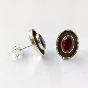 925 Sterling Silver Minimalist Garnet Stud Earrings - Boho <b>Oxidized</b> Finish Vintage Statement Jewelry - Product Image 1