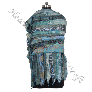 Écharpe Extra Longue 15 Bandes Belle Écharpe Longue Designer Recyclé Vente en Gros Fabricant de l'Inde Sari Patches Réversible - Product Image 4