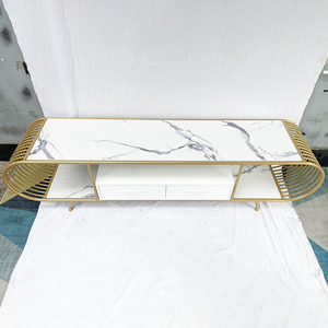 Modern Two-tier TV Stand with Stone Top and Bronze Frame KTV68082 for Living Room or Farmhouse TV <b>Table</b> with Drawer Storage - Product Image 3