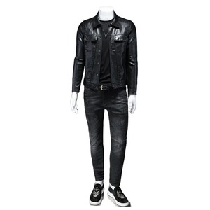 Veste en cuir pleine fleur à col montant pour hommes de haute qualité Slim-Fit attrayant rayé noir ivoire fermeture éclair enduit hiver - Product Image 5